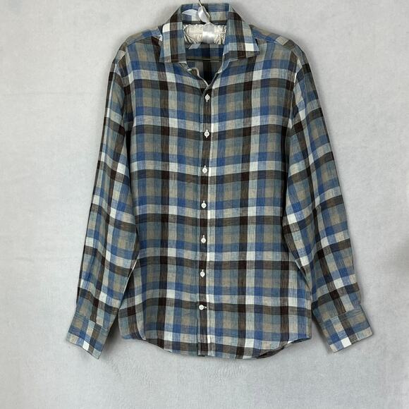 J. Hilburn Shirt Button Up Mens Brown Blue Plaid 100% Linen Collared Tailor - Picture 1 of 11